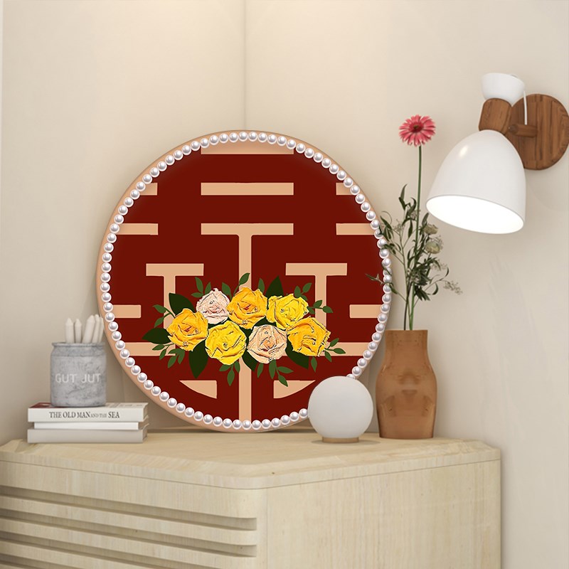 圆形喜字石英砂丙烯肌理画结婚送新人礼物新婚数字油画diy装饰画图片