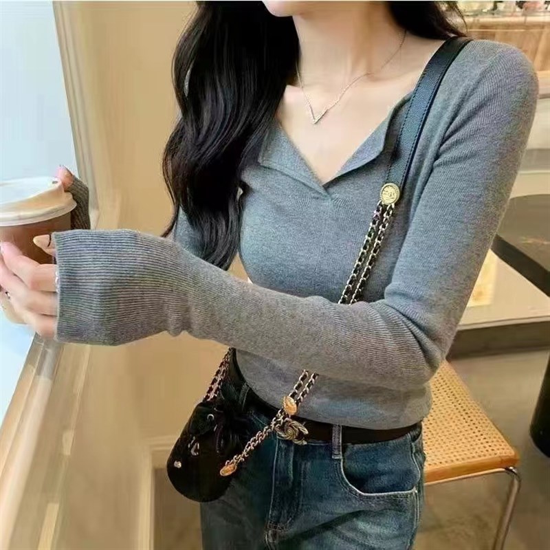 复古POLO领针织打底衫内搭2024秋冬季新款洋气百搭翻领毛衣女上衣