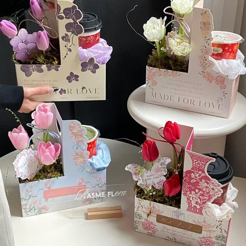 花店资材38女神节手提花盒花艺礼品袋插花盒甜品礼盒咖啡花盒