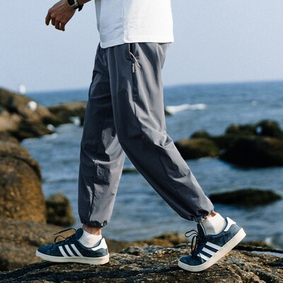 兔先森夏季轻薄垂感高弹拉链口袋抽绳束脚裤男宽松休闲直筒九分裤