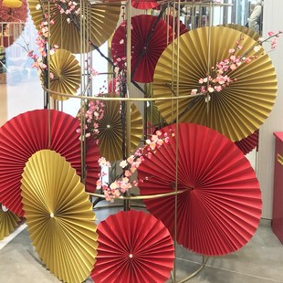 新年春節商場氛圍布置美陳櫥窗4s店鋪掛件珠寶門面創意裝 飾紙扇花