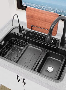 3D纳米多功能平替日式大单槽黑色水槽304不锈钢厨房洗菜盆台下盆