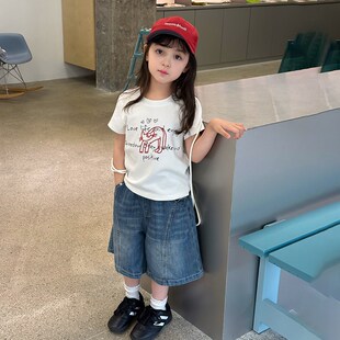 女童夏休闲韩版修身T恤半袖打底衫儿童个性手绘字母正肩短袖上衣