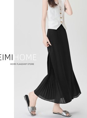 黑色雪纺拼接半身裙女夏季小个子高级感a字长裙设计感压褶西装裙