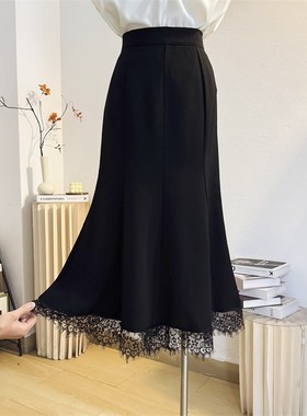 蕾丝拼接黑色鱼尾裙女春夏中长款a字高腰包臀半身裙显瘦气质长裙