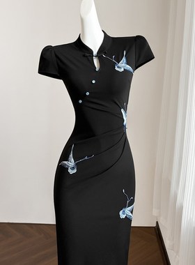 黑色新中国风改良旗袍连衣裙女式夏季长裙绣花图案裙