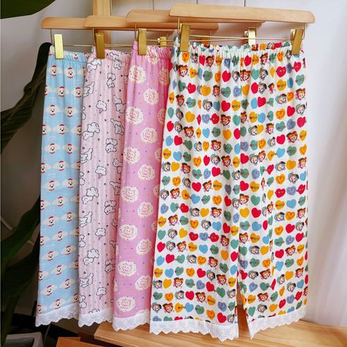 纯棉睡裤女夏薄款婴纱双层纱布七分裤宽松蕾丝透气防蚊空调家居裤