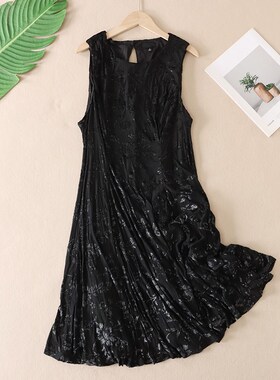 外贸复古优雅色织工艺亮丝植绒花朵显瘦高腰黑色背心连衣裙B28