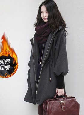 夹棉呢子大衣女中长款加厚风衣大码胖mm冬季修身收腰保暖连帽外套