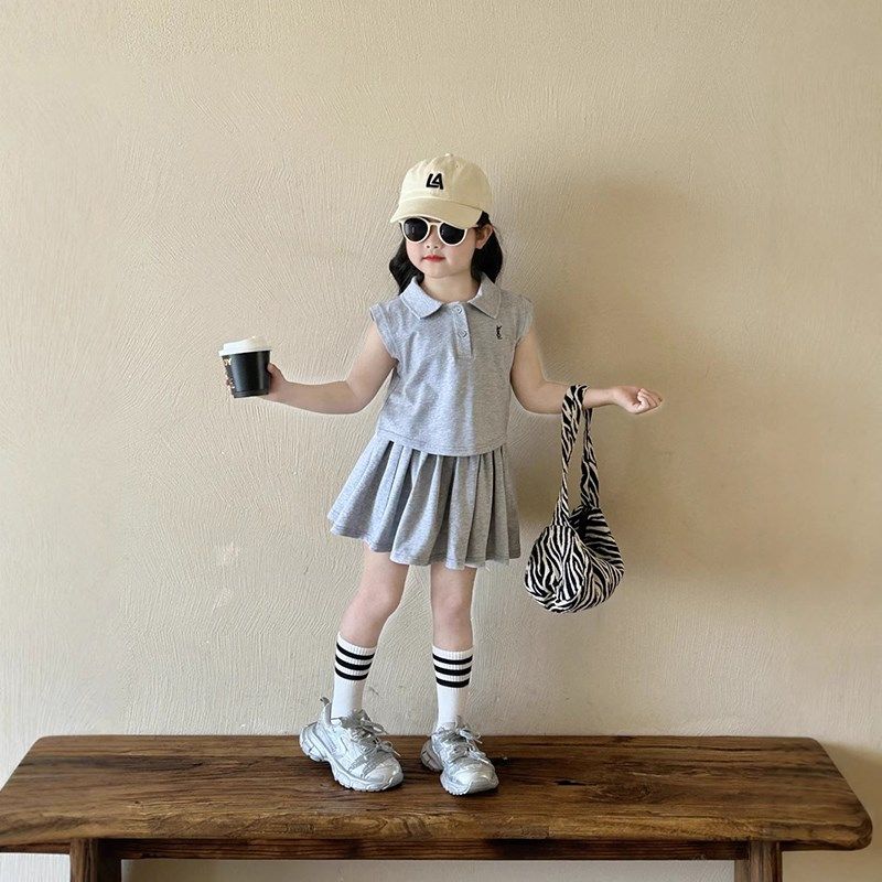 女童夏装套装2025洋气女宝宝韩版休闲儿童翻领T恤背心短裙两件套,童装/婴儿装/亲子装,套装,淘宝优惠券,粉丝福利购,淘宝优惠卷