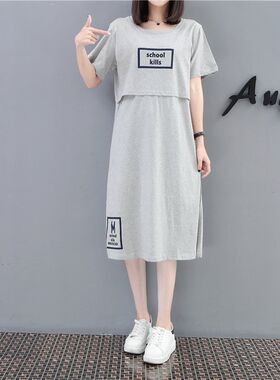 胖mm上掀式微胖2024新款女哺乳群期连衣裙夏天遮肚子裙子夏装睡裙