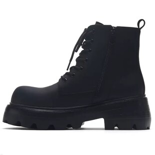 7cm秋冬季牛皮马丁靴男厚底工装鞋增高黑色哑光高帮大头德比靴