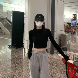 短款中领打底衫女长袖秋冬辣妹高级感洋气皮草内搭工装裤搭配上衣