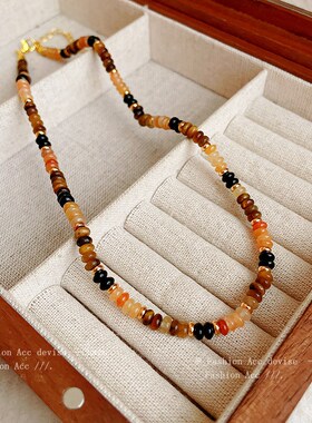 美拉德虎眼石串珠椭圆项链秋冬复古百搭毛衣链小众时尚饰品女