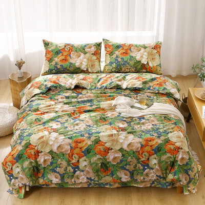 100纯棉被套单件美式田园大花被罩180x200x230全棉床单床笠四件套