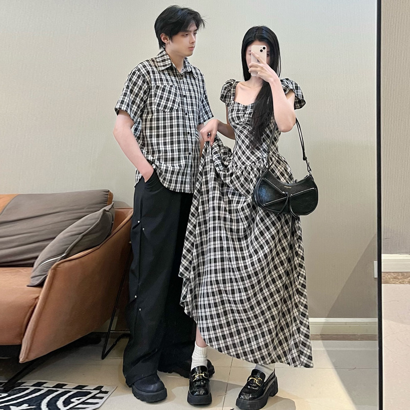 2025情侣装格子拼接显瘦a字长裙女复古收腰法式小众设计感连衣裙