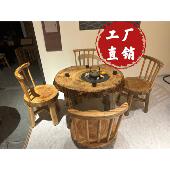 碳火炉煮茶桌围炉烤火锅烧烤桌茶台独木圆台原生态原木茶几香樟木