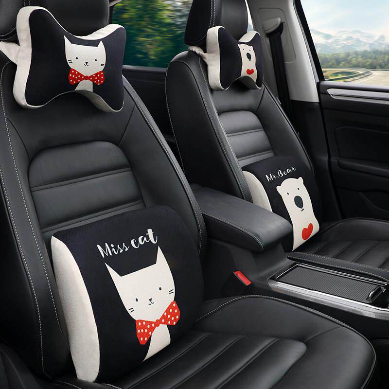 汽车头枕护颈枕卡通创意记忆棉腰靠套装可爱棉麻四季通用车内内饰