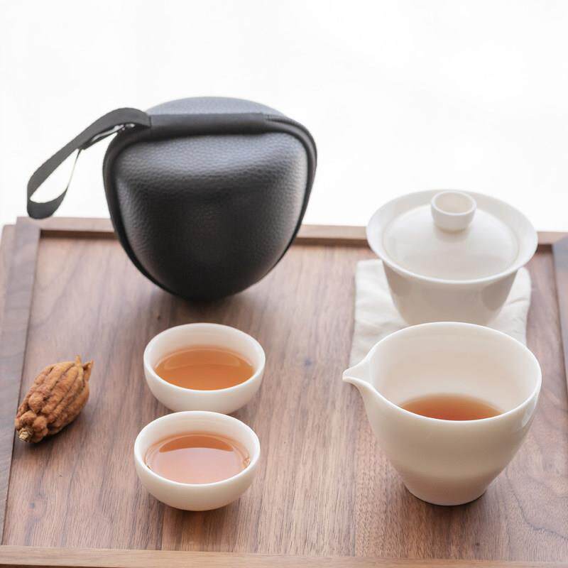茶人行囊|素简|中国白玉瓷盖碗旅行功夫茶具套装一壶二杯便携四人