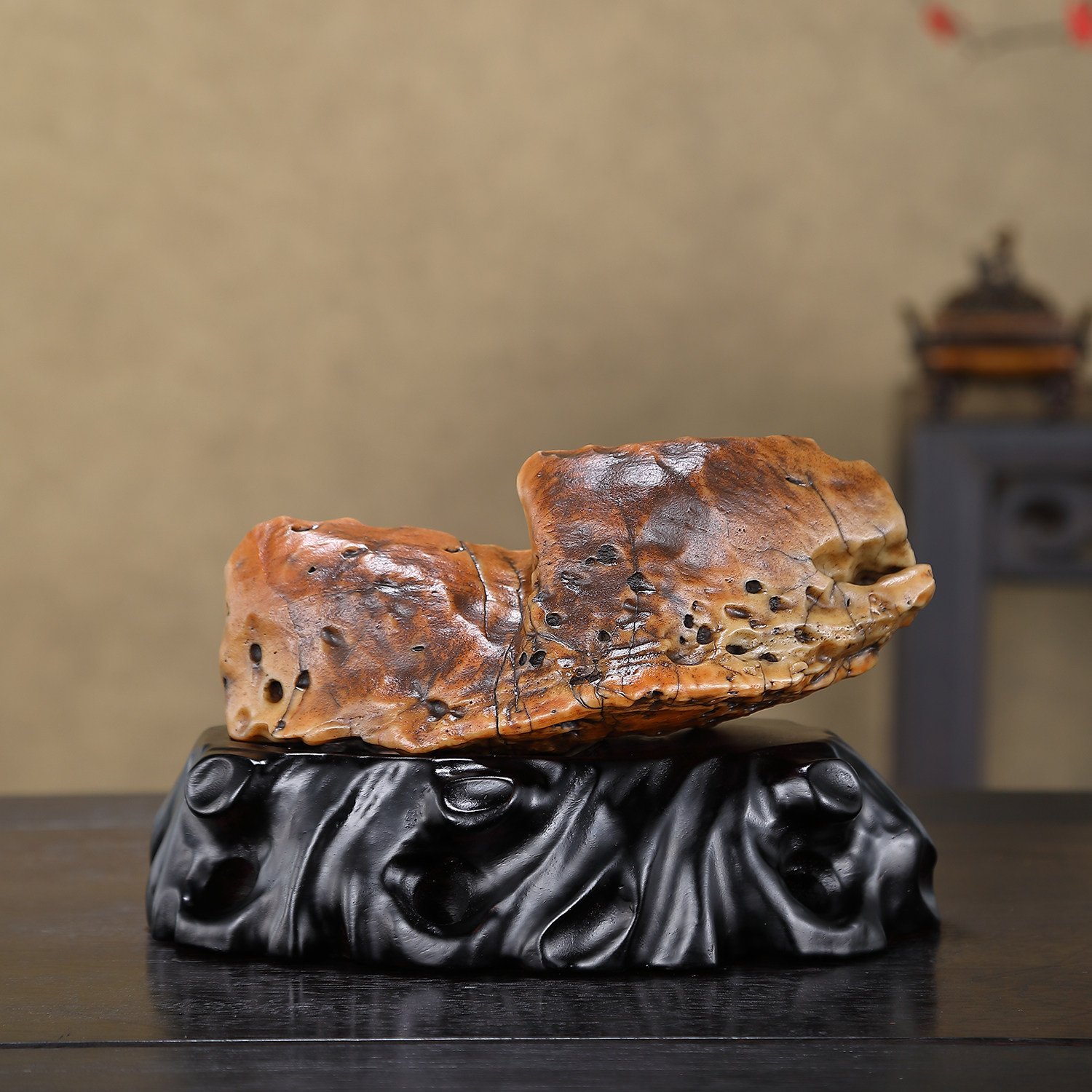 顶爷天然原石奇石【金纹豹影沙漠漆】戈壁石收藏观赏镇宅靠山摆件