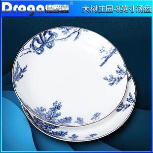 德罗嘉骨瓷盘子菜盘家用创意青花草帽盘中式餐具早餐盘陶瓷汤盘