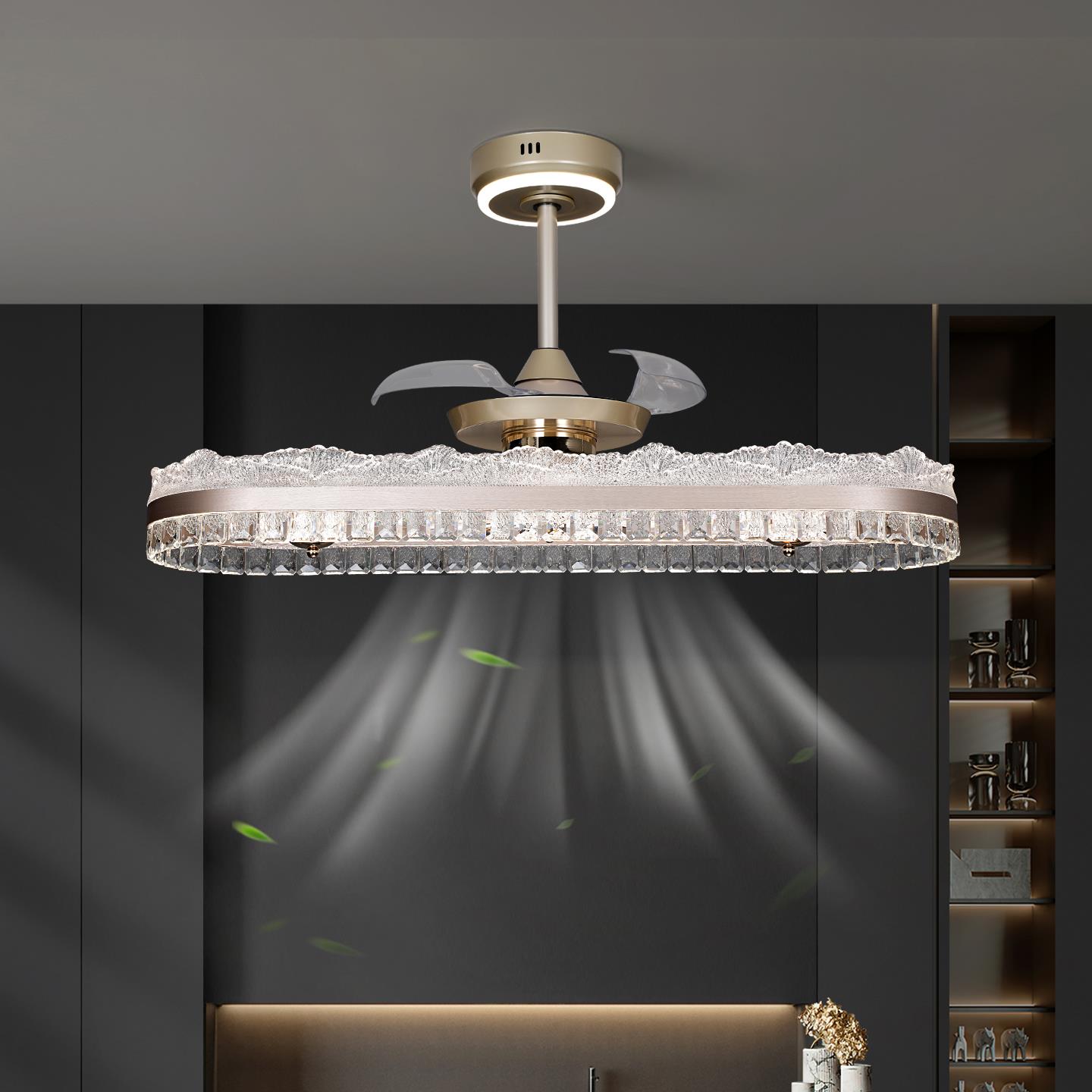 新款餐厅隐形风扇吊灯三色变光智能语音全铜变频静音电机加水晶