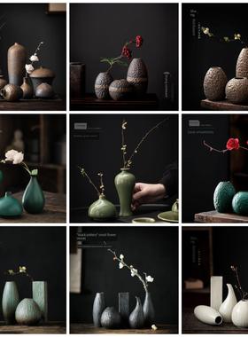 新中式茶室茶桌博古架茶柜摆件禅宗茶道配件覆古风格陶瓷花瓶花器