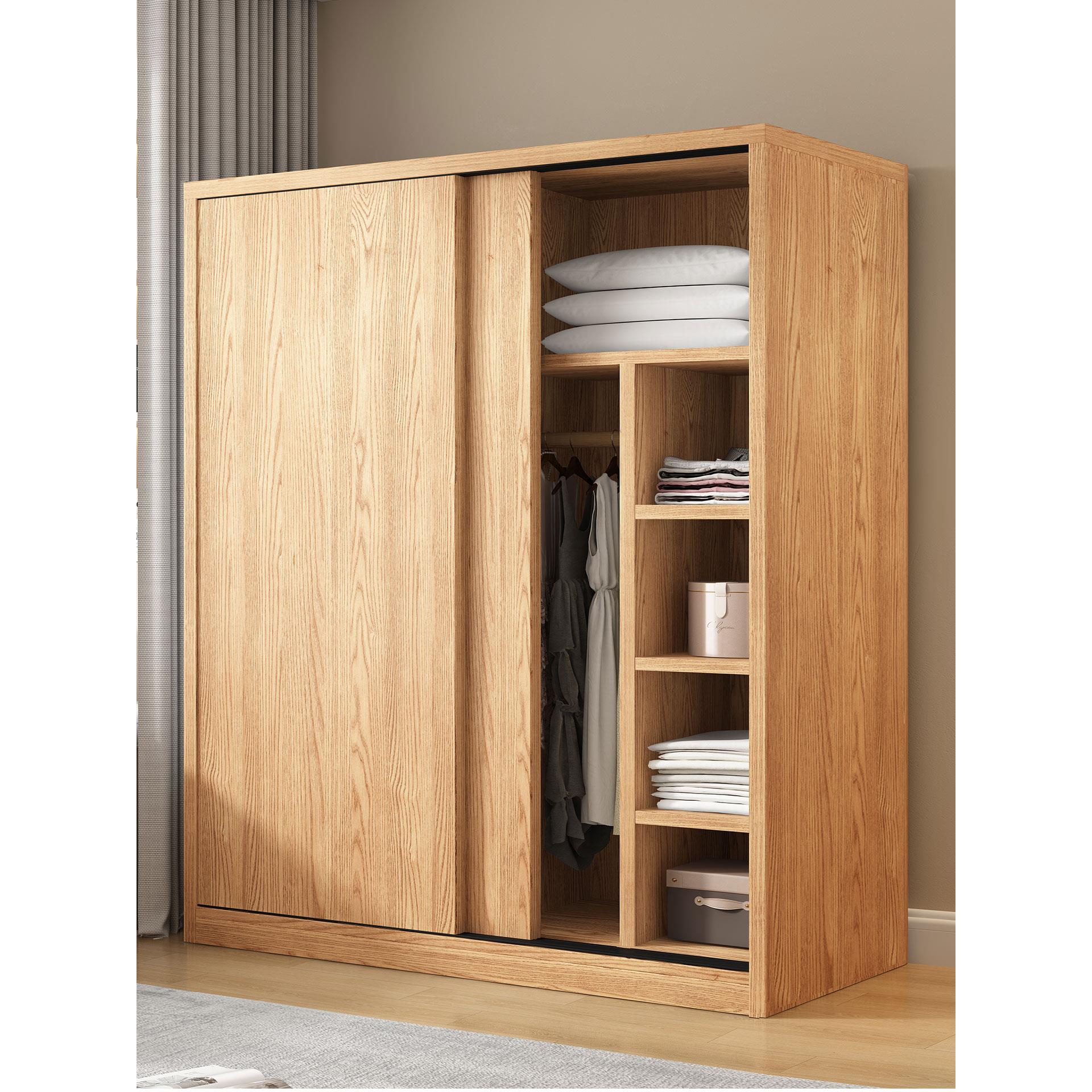 衣柜家用卧室原木风橡木色推拉门出租房用简易柜子不占空间的衣柜