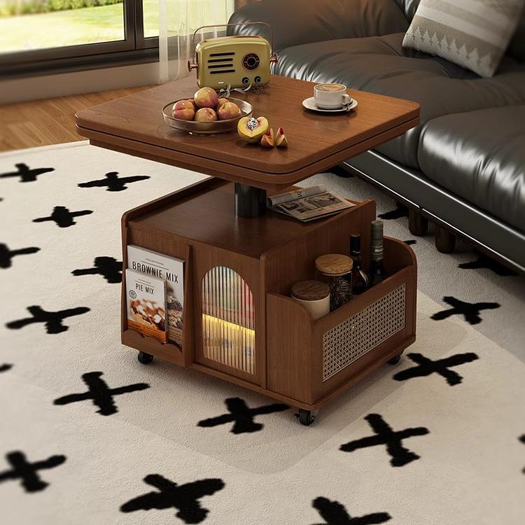 升降茶几可移动边几推车实木巴士边几带轮茶桌多功能折叠餐桌两用