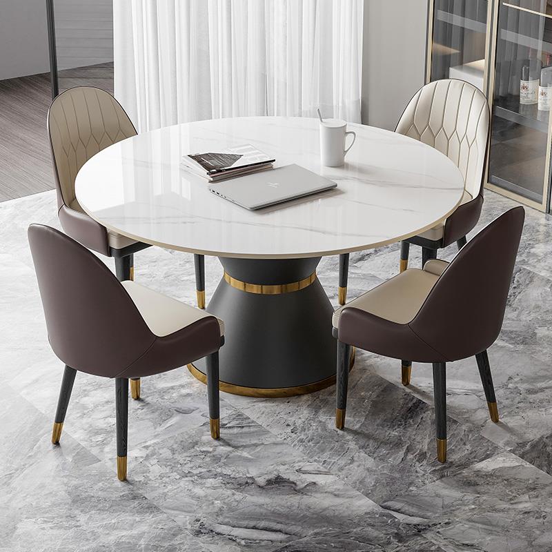 意式岩板餐桌家用大小户型现代简约轻奢圆桌带转盘饭桌餐桌椅组合