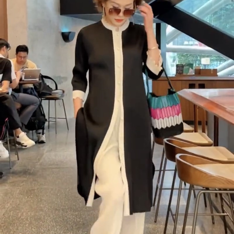 褶皱弹力春秋新长款洋气时尚中长两件套显瘦减龄遮肉X妈妈百搭套