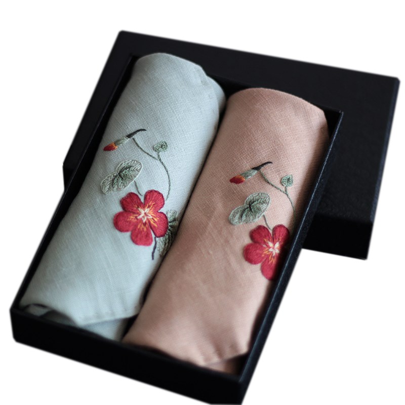 旱莲花开 纯亚麻刺绣手帕diy材料包男朋友女士吸汗手绢方巾礼物