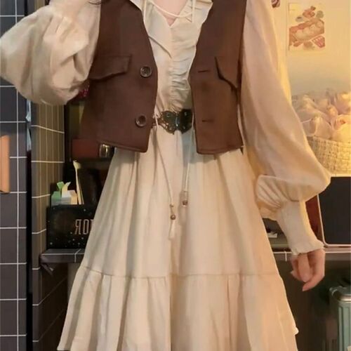 大尺码胖妹妹套装女秋装新款宽松显瘦木耳边系带拼接洋Y装棕色马