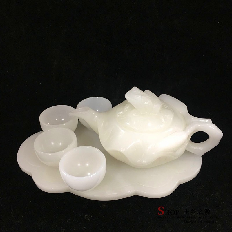 天然阿富汗白玉茶具茶壶酒具玉茶壶玉杯子摆件家居客厅工艺品摆设
