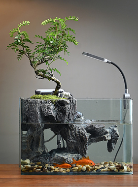 假山过滤流水摆件循环水桌面植物中型鱼缸客厅办公V室装饰桌面景