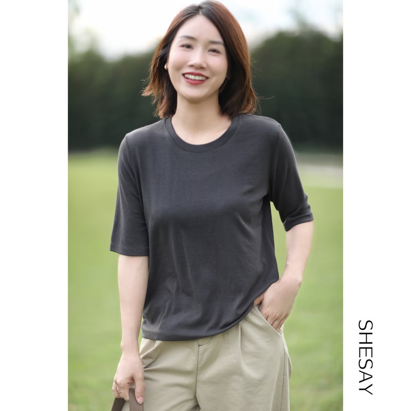 晓说 2024夏秋新品 酥软有x型百搭基础款圆领中袖T恤女打底衫内搭