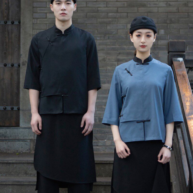 新款民国风中餐厅服务员工作服套装盘扣中J式火锅串串饭店定制log