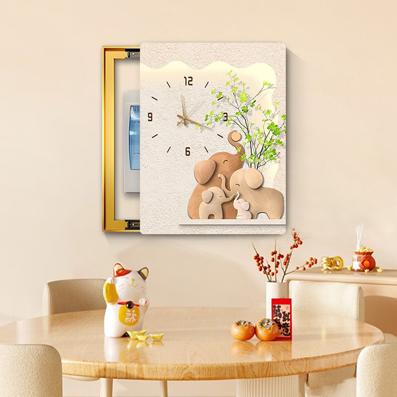 大象电表箱装饰画竖款带钟表遮挡配电箱时钟挂画奶油风电闸盒壁画