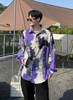 紫色涂鸦个性印花长袖宽松衬衫潮男发型师春夏季垂感休闲花衬衣薄
