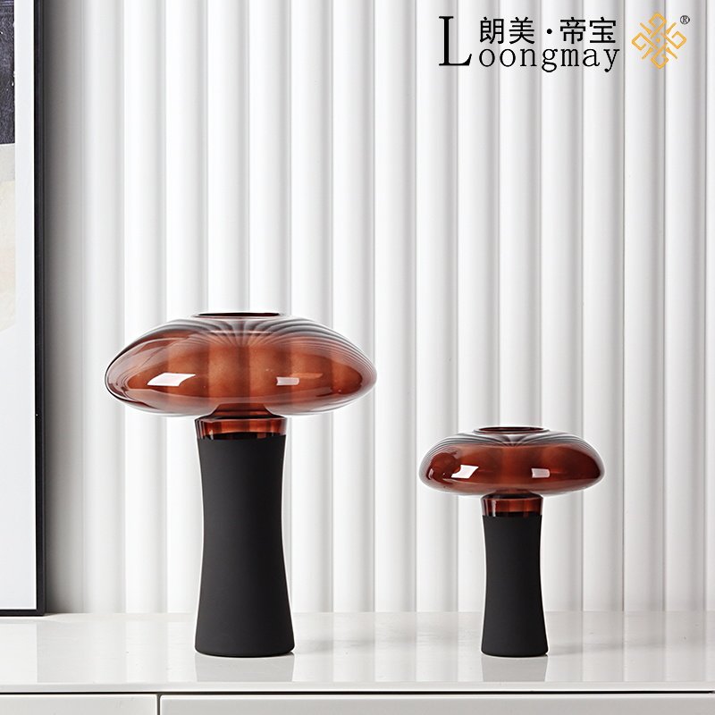 简约现代茶色圆形玻璃花瓶花艺摆件客厅花束插花器样板房间装饰品