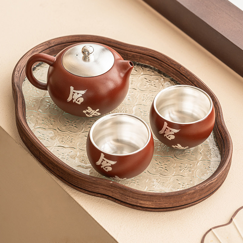 极素朱泥紫砂g功夫茶具套装高档999鎏银一壶二杯家用待客茶壶茶杯