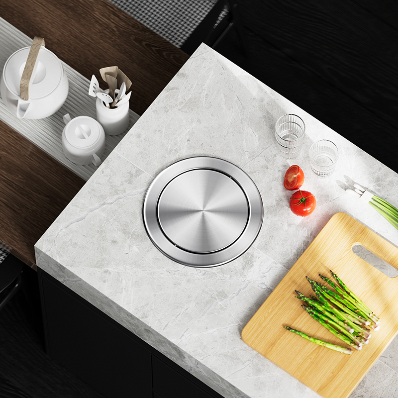 厨房台面嵌入式垃圾桶橱柜304不锈钢隐形圆形盖子卫生间翻盖提盖