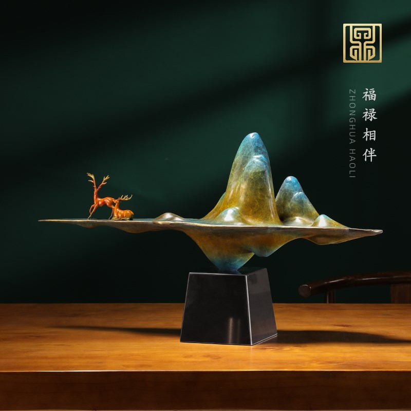 彩铜鹿摆件艺术品千里江q山工艺品客厅玄关假山装饰开业乔迁送礼
