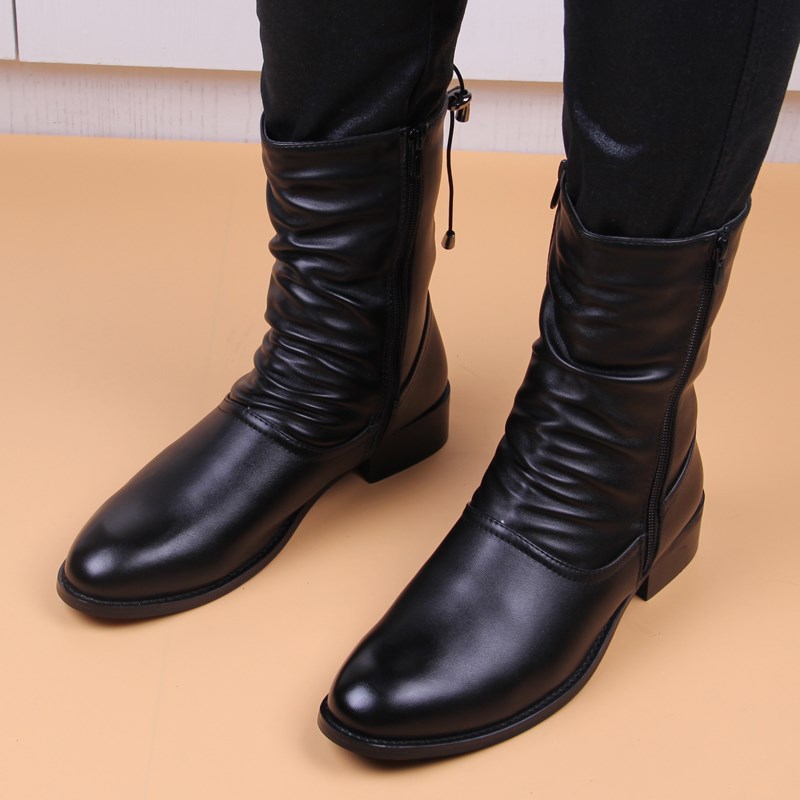 秋冬季英伦韩版马丁靴尖头高帮皮鞋长筒男靴潮流时尚中筒百搭皮靴
