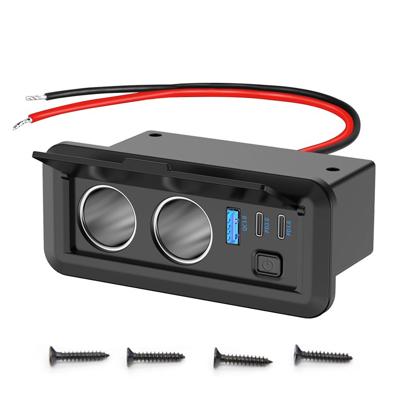房车改装汽车车载双点烟器接口双PD+QC带按键车载充U电器12-24V