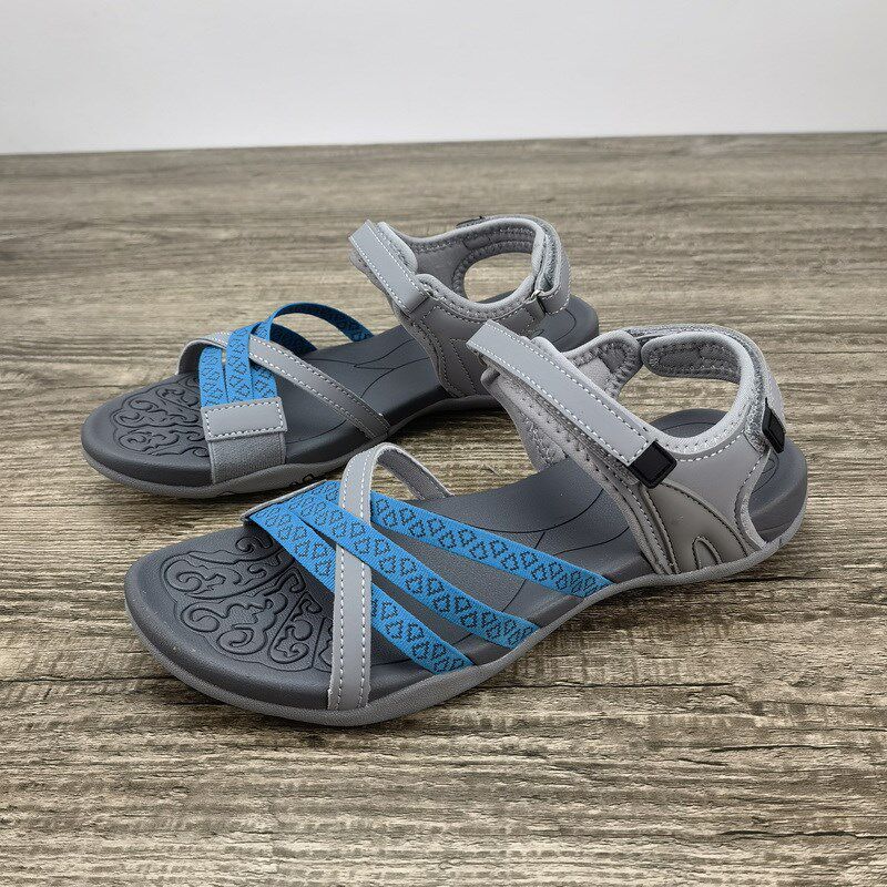 夏季露趾细带魔术贴休闲凉鞋女士软底减震防滑时尚沙滩凉鞋平底