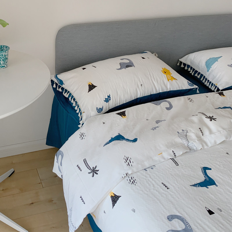 A类婴儿级双层纱四件套超柔100全棉亲肤卡通儿童恐龙清新裸睡