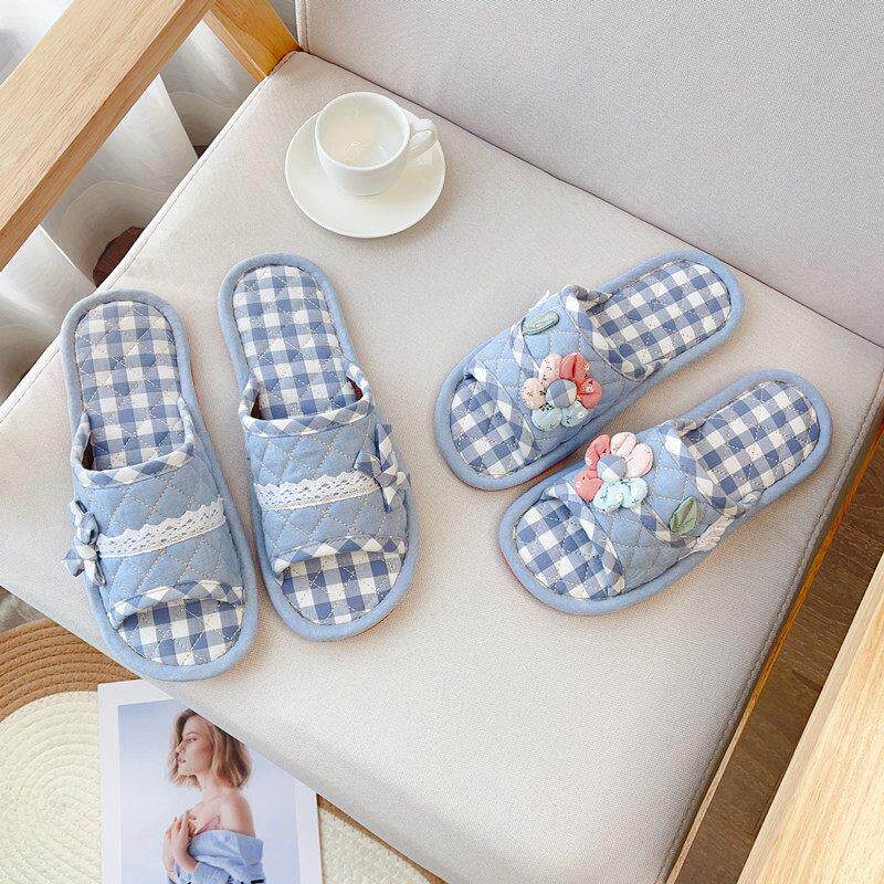 格子棉布情侣春夏室内地板布艺居家牛筋底拖鞋男女防滑家用可机洗