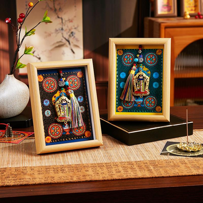 山城文创|藏五路财神纳福相框办公画册桌面唐卡朱砂实木摆件
