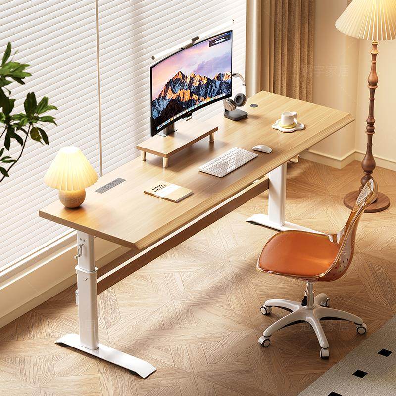 实木电脑桌简约现代家用办公书桌站立式手摇升降桌卧室工作台桌子